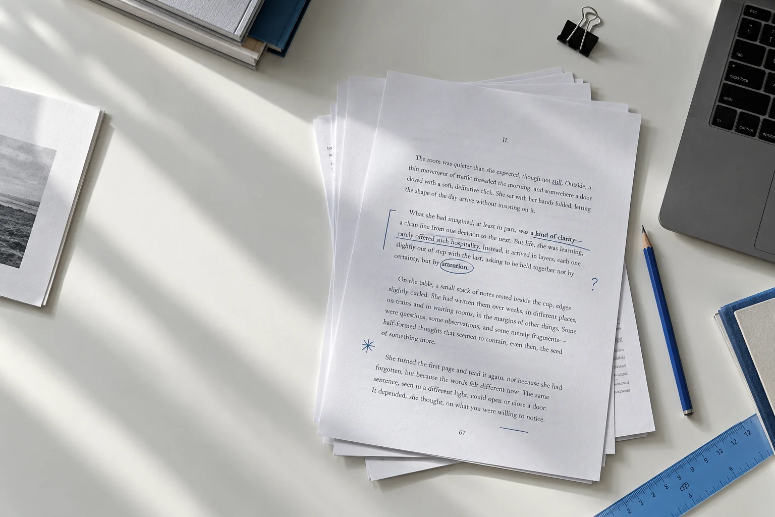 A desk with a notebook and papers for review